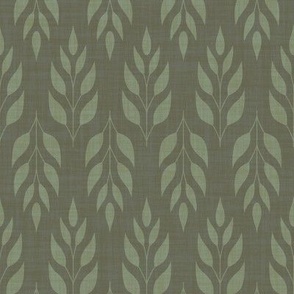 Artichoke ang khaki green | stylized symmetrical twig with leaves on linen texture, botanical geometric