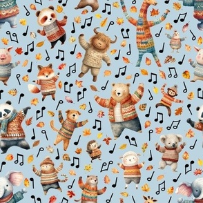 Wild Life Jamboree with Music Notes and Autumn Leaves Blue