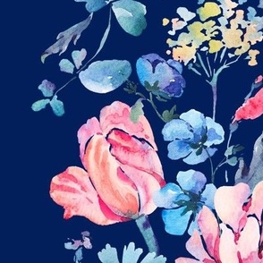 Vertical Watercolor Block Print Rose Flowers on Dark Blue