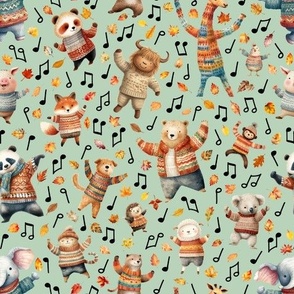 Wild Life Jamboree with Music Notes and Autumn Leaves Greeen