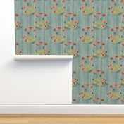 Frogs on a leaf, surrounded by water and Lillies, in red, orange, teal blue and soft green, vintage style