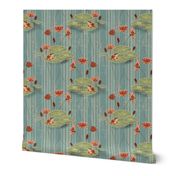Frogs on a leaf, surrounded by water and Lillies, in red, orange, teal blue and soft green, vintage style