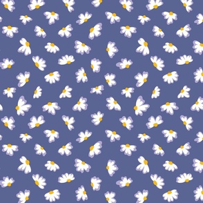 Little flowers in white and lilac flowers on blue repeat pattern
