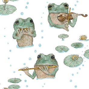 Frog Band with Water Lillie and Bubbles | Watercolor Musicians Leap Year