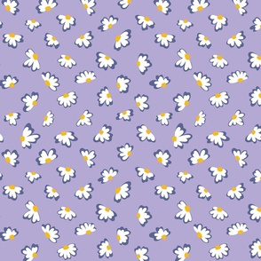 Little flowers in white and blue and yellow flowers on purple repeat pattern for apparel