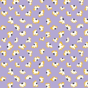 Little flowers in white and yellow daisies on mauve repeat pattern
