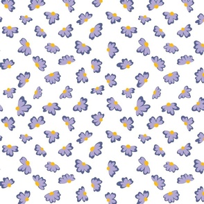 Little flowers in purple and blue daisies on white repeat pattern