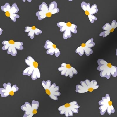 Little flowers in white and purple daisies on black repeat pattern for goth girls