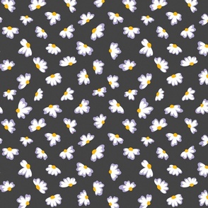 Little flowers in white and purple daisies on black repeat pattern for goth girls