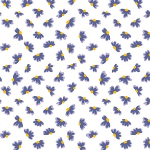 Little flowers in blue and purple daisies on white repeat pattern