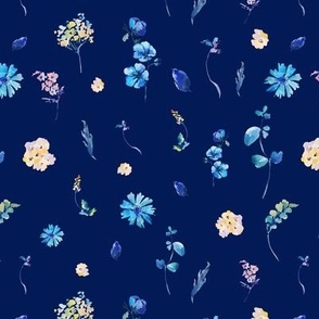 Watercolor Small Flowers on Dark Blue