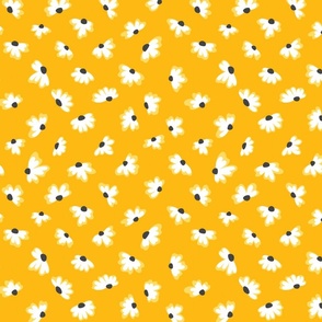 Little flowers white and black daisies on yellow repeat pattern