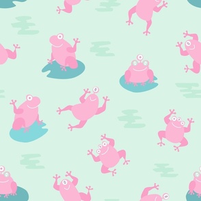 (M) Cute pink monster frogs over light green background