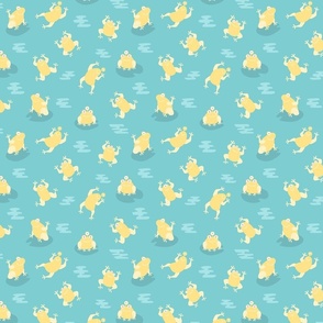 (S) Cute yellow monster frogs over green background