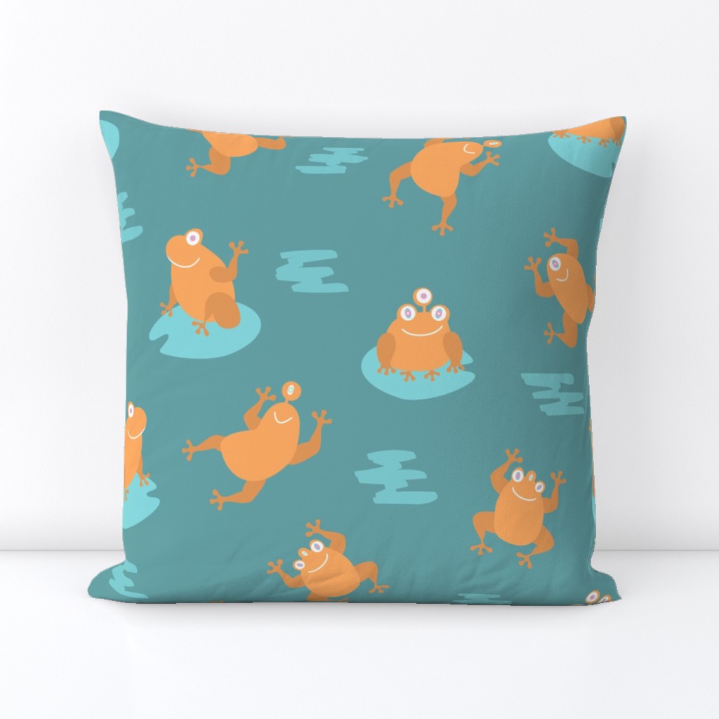 (M) Cute orange monster frogs over turquoise background