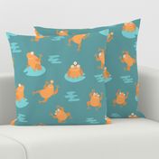 (M) Cute orange monster frogs over turquoise background
