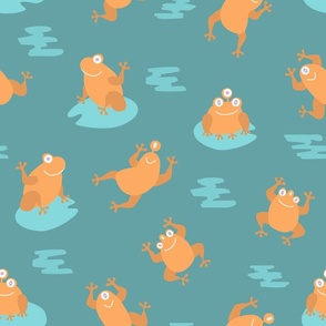 (M) Cute orange monster frogs over turquoise background