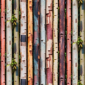 Natural Sapling Tree Trunks with Stunning Colorful Barks Arranged Vertically
