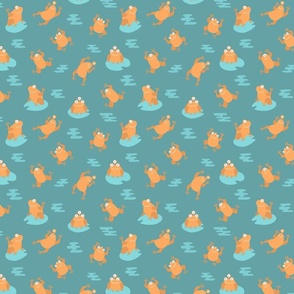 (S) Cute orange monster frogs over turquoise background