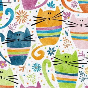 cat - percy cat large - funny watercolor cats and flowers - cute colorful cat fabric and wallpaper
