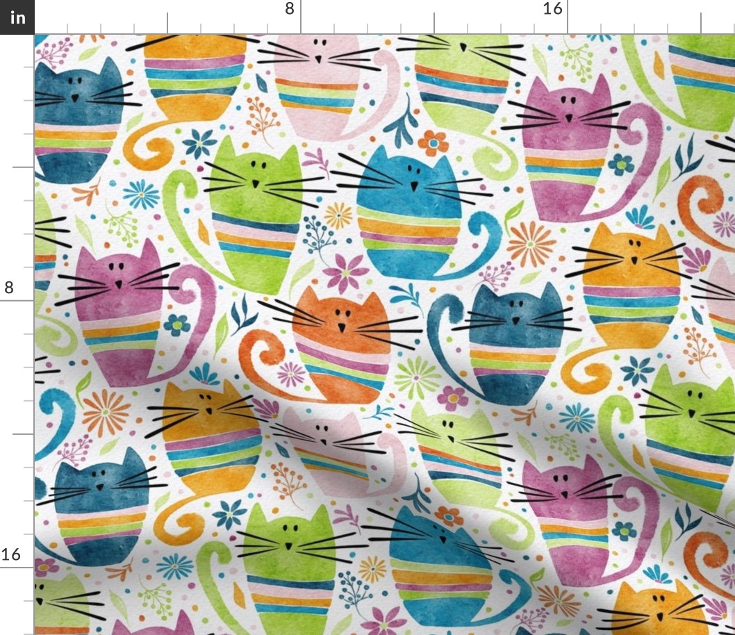 cat - percy cat - funny watercolor cats and flowers - cute colorful cat fabric and wallpaper