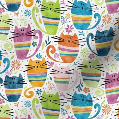 cat - percy cat small - funny watercolor cats and flowers - cute colorful cat fabric and wallpaper