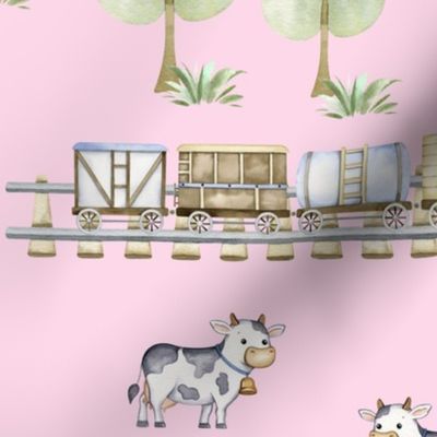 Farm Animals Train Ride Pink Kids Room