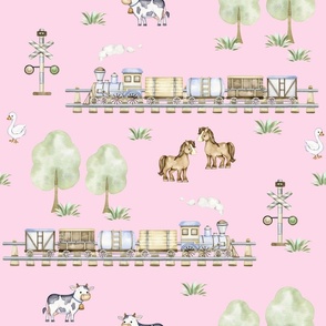 Farm Animals Train Ride Pink Kids Room