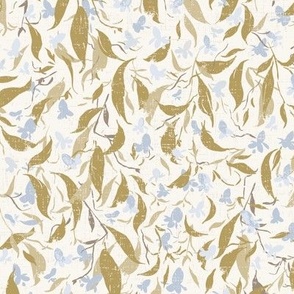 Floral Trellis, Watercolor Florals, Green Gold, Whimsical, Romantic, Ivory, Blue, Leaves, Trumpets