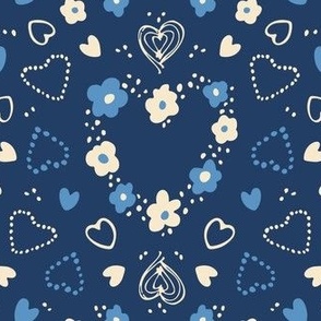 M | Something Blue Daisy Flower & Valentine Love Heart Wedding Confetti Dotted Lovecore Doodles in Blue and Cream