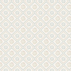 Cozy block printing inspired floral lattice in French pale blue, cream, and taupe brown small