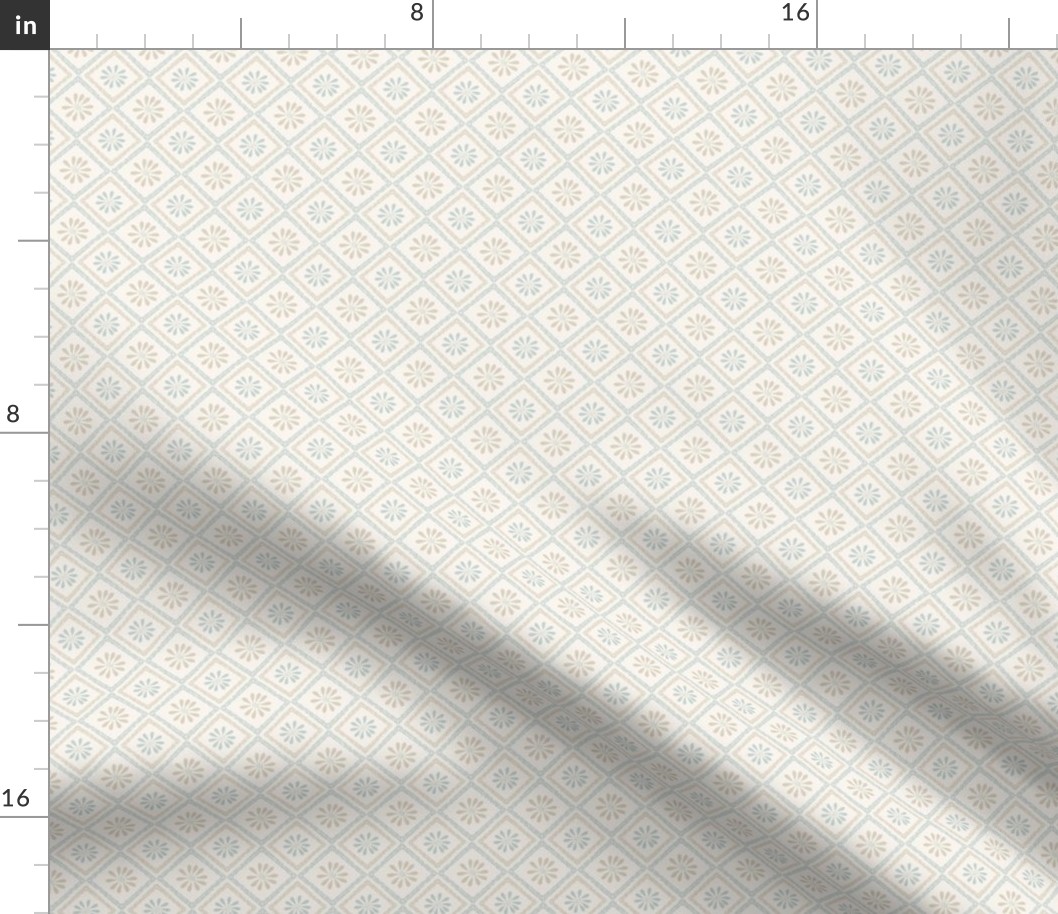 Cozy block printing inspired floral lattice in French pale blue, cream, and taupe brown small