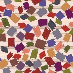 Colorful Old Books in Red, Green, Blue, Purple and Gray on Horizontal Stripes on Beige