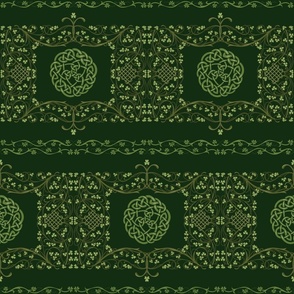 Clover and Celtic Knots on dark green, small scale, half-brick repeat