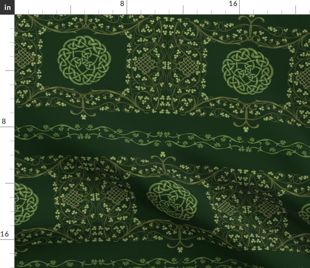 Clover and Celtic Knots on dark green, small scale, half-brick repeat