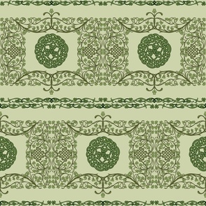 Clover and Celtic Knots on pale green, small scale, half-brick repeat
