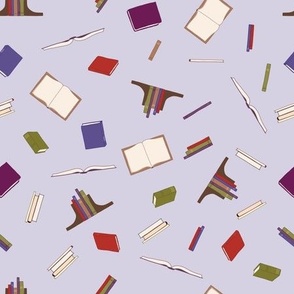 Old Books in Red, Blue, Green, Purple, and Gray are Open, Stacked, Piled and with Bookends on Lavender