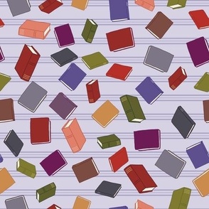 Old Books in Red, Golden, Purple, Green, Gray and Blue Scattered on a Lavender Background with Purple Horizontal Stripes
