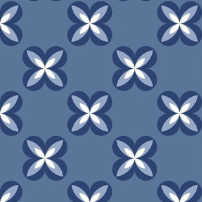 Large -Monochrome Geometric flowers in Blue grey and off white Half drop