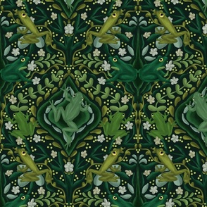 Leaping Frogs Damask - Green Vintage Style Florals, Botanicals, and Frogs - Large Scale