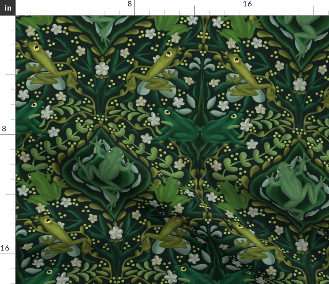 Leaping Frogs Damask - Green Vintage Style Florals, Botanicals, and Frogs - Large Scale
