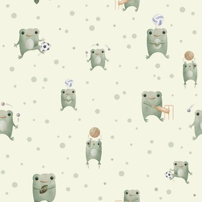 Playful sporty frogs in greens on beige with dots