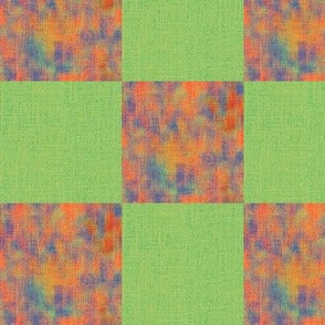 6” checkerboard checkers checks  with faux burlap woven texture and painterly mark making tiled half drop coordinate for tropical  leap frogs on dark chartreuse green and peach, orange and blue nova