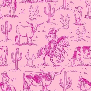 vintage western cowgirl toile western toile hot pink on light pink WB24