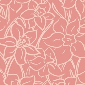 Pink tonal hand drawn spring daffodil large scale