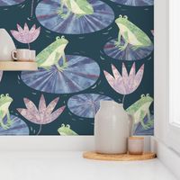 Jumbo Watercolor Frogs on Lily Pads with Water Lilies Teal Green