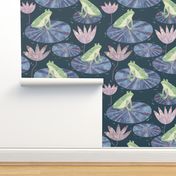 Jumbo Watercolor Frogs on Lily Pads with Water Lilies Teal Green