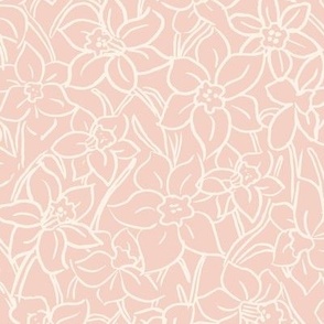 Soft pink tonal hand drawn spring daffodil medium scale