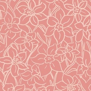 Tonal hand drawn sketchy spring daffodil medium scale in Carnation pink