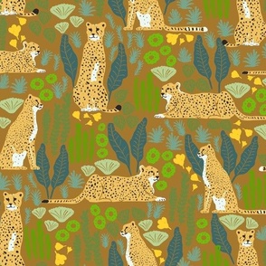 Cheetah  with tropical leaves on brown background